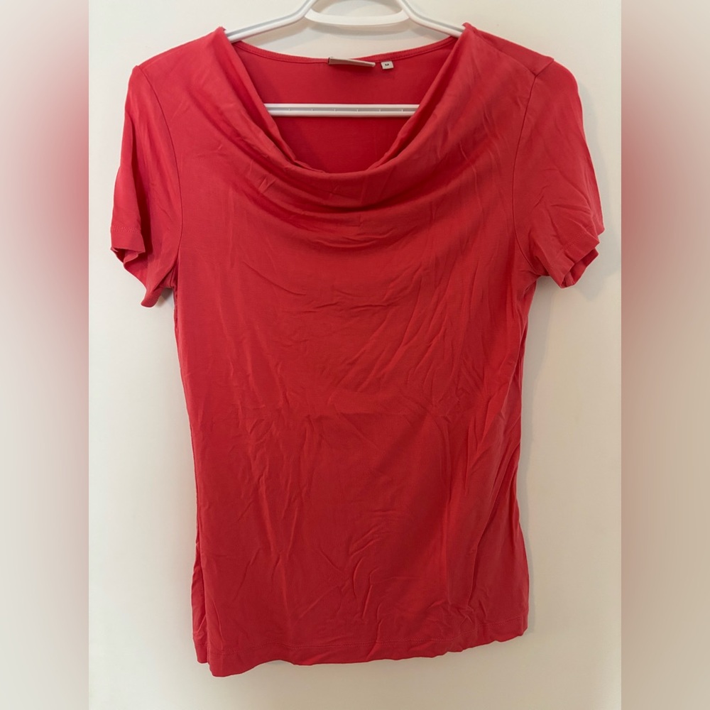 Vintage Danish brand Jackpot Dark Salmon Draped-Neck Short Sleeve Cotton Top